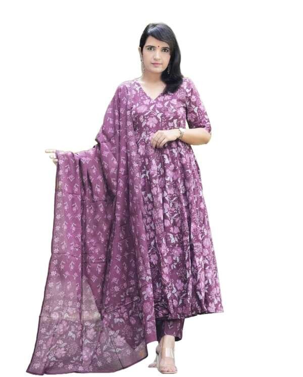 Buy KLOSIA Women Printed Anarkali Kurta Pant with Dupatta (in, Alpha, 2XL, Purple) at Amazon.in