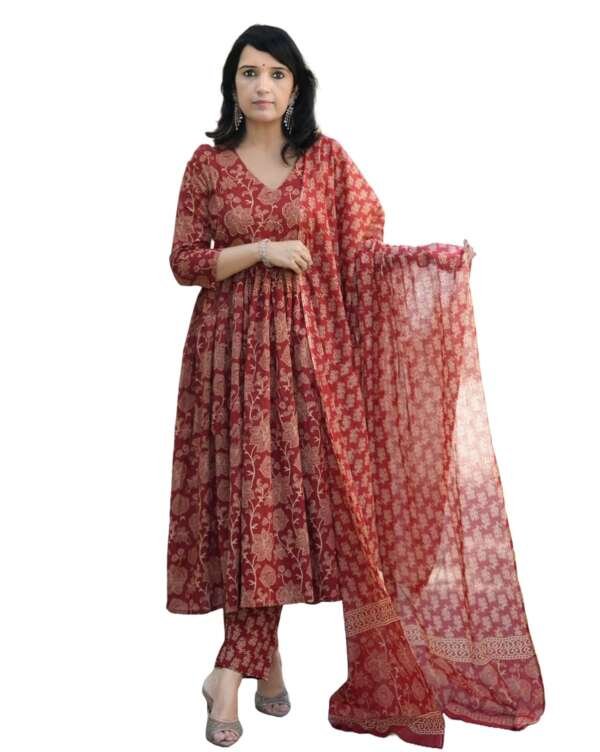Buy Nermosa Women Printed Anarkali Kurta and Pant Set with Dupatta (in, Alpha, 2XL, Red) at Amazon.in