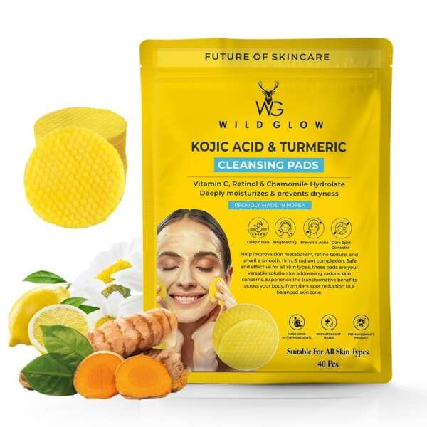 WILDGLOW Turmeric & Kojic Acid Face Cleansing Pads for Dark Spots, Skin Brightening & Acne Prevention | Vitamin C, Retinol & Chamomile Hydrolat | For Women & Men | All Skin Type | 40 Pieces Pack of 1  Amazon.in Beauty