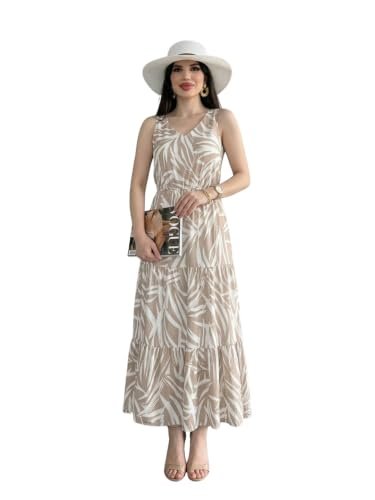 Buy Modestouze Attires Women’s Floral Leaf Printed Rayon Maxi Dress | Sleeveless V Neck Long Dress for Women | A-Line Flared Printed Maxi Dress with Defined Waist Beige at Amazon.in