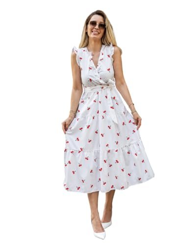 Buy Modestouze Attires Women's Floral Cherry Print Wrap Midi Dress | Ruffle Sleeve V-Neck A-Line Dress with Adjustable Waist Tie | Elegant Casual Party & Vacation Dress for Women at Amazon.in