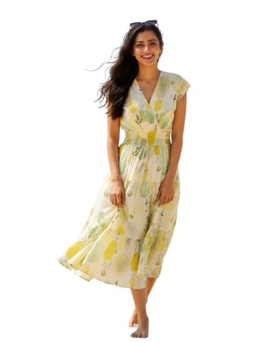 Buy Modestouze Attires Women's Printed Midi Dress | V Neck Cap Sleeve Fit & Flare Dress with Smocked Waist | Casual Summer Beach Vacation Dress for Women White at Amazon.in