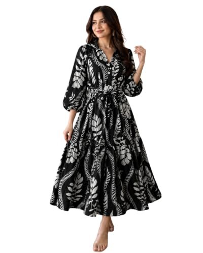 Buy Modestouze Attires Women's Floral Printed Maxi Dress | Delta Fabric | V Neck | 3/4 Sleeves | Waist Tie-Up | Flared A-Line Casual Long Dress Black at Amazon.in