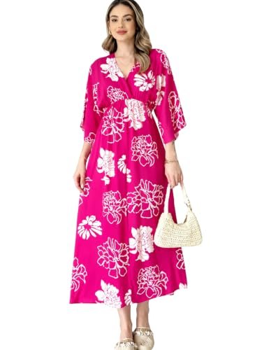 Buy Modestouze Attires Women’s Floral Printed Rayon Midi Dress | V Neck 3/4 Flared Sleeve Dress for Women | Elegant Printed Long Dress with Gathered Waist | Casual Summer Western Dress Pink at Amazon.in