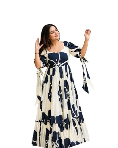 Buy Modestouze Attires Women's Floral Pattern Rayon Blend Maxi Dress with Sweetheart Neck Half Puff Sleeve Floor Length and Zipper Closure Type | Maxi Dress for Women Stylish | Dress for Women Blue at Amazon.in