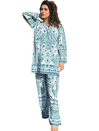 Buy Modestouze Attires Co Ord Set for Women Stylish Co Order Set for Women - Poly Rayon Long Sleeves Turkish Co Ord Mandarin Neck Floral Print Western Cot, Wear as Office Coat, Travel Coord Blue at Amazon.in