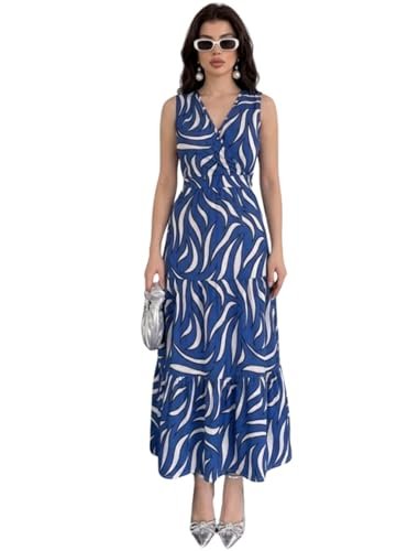 Buy Modestouze Attires Women's Modern Fit Zebra Pattern Rayon Maxi Dress with Sleeveless V-Neck Ankle Length and Pull On Closure Type | Women Dress Western | Summer Dresses for Women Blue at Amazon.in