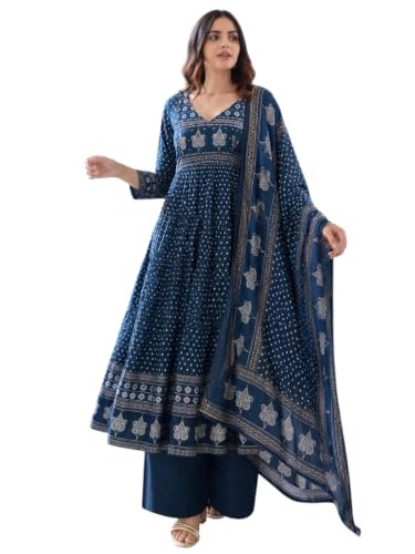 Buy ANNI DESIGNER Women's Anarkali Viscose Printed Kurta with Palazzo and Dupatta for Women (Haitvika Blue_L_Blue_L) at Amazon.in