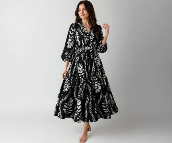 Buy Modestouze Attires Women's Floral Printed Maxi Dress | Delta Fabric | V Neck | 3/4 Sleeves | Waist Tie-Up | Flared A-Line Casual Long Dress Black at Amazon.in